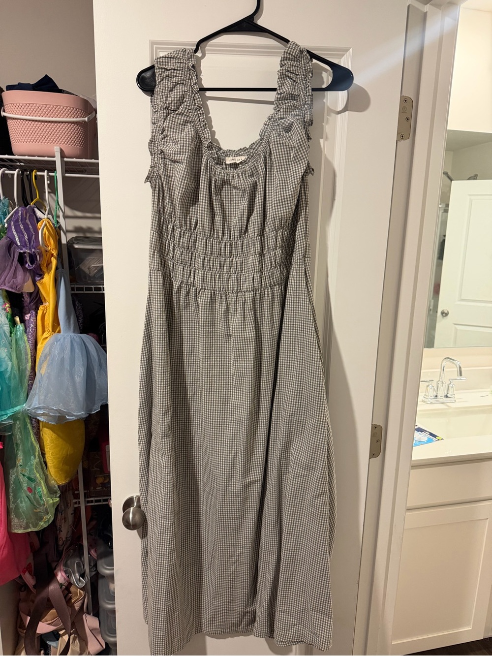 Smocked Gingham Maxi Dress - Gray